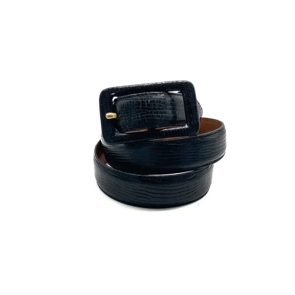 Vintage Italian Black Lizard Embossed Leather Belt Covered Buckle Ralph Lauren